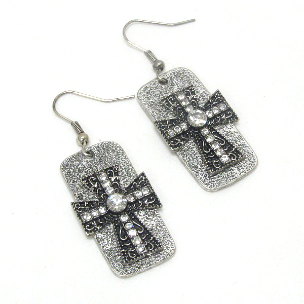 Crystal deco cross on textured plate earring