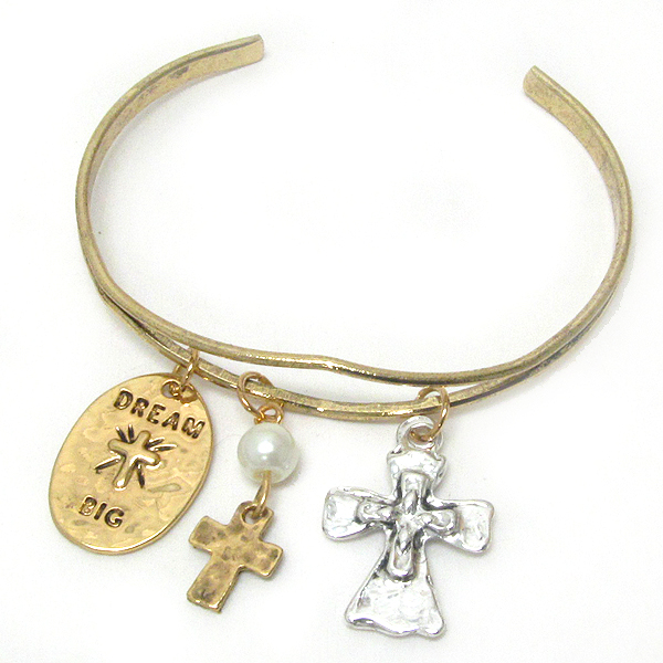 Hammered cross mix charm bangle bracelet