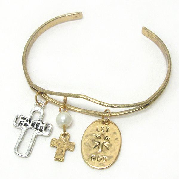 Hammered cross mix charm bangle bracelet