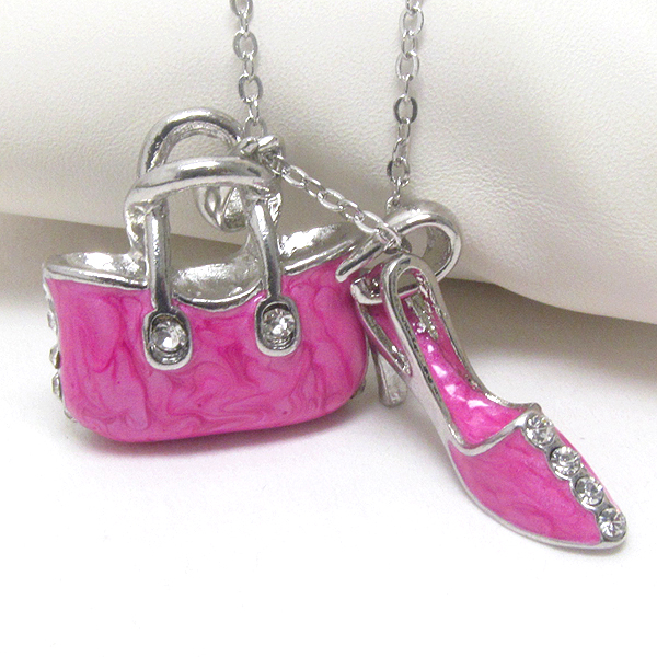 Premier electro plating crystal and epoxy deco high heel and bag pendant necklace