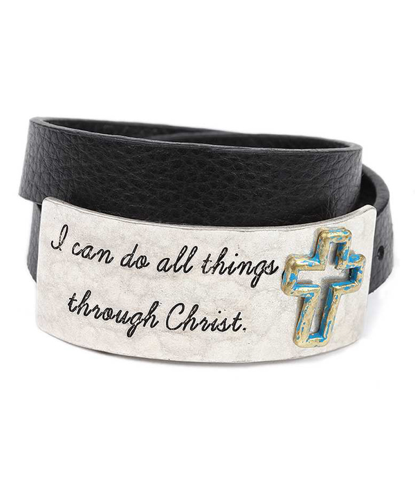 Handmade and religious inspired double wrap leather band bracelet - phil 4:13