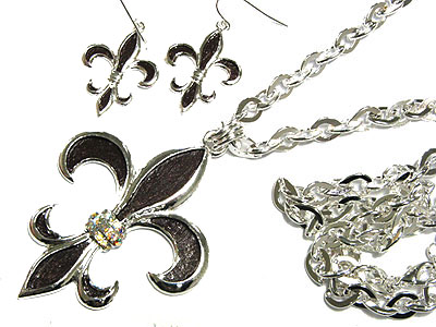 Crystal accent fleur de lis necklace and earring set