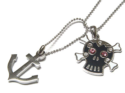 Made in korea whitegold plating crystal skull and anchor drop necklace