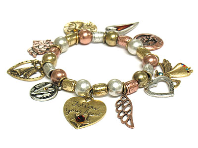 Multi heart and angel theme charm stretch bracelet