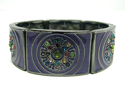 Multi color crystal flower enameled metal stretch bracelet