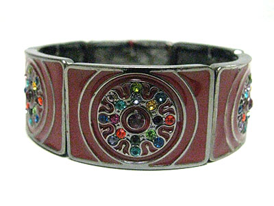 Multi color crystal flower enameled metal stretch bracelet