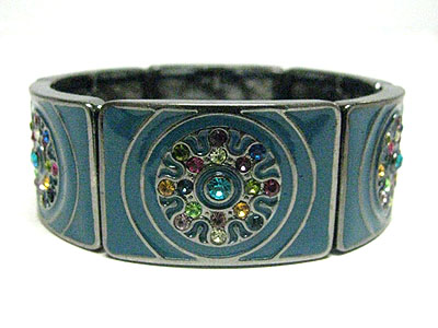 Multi color crystal flower enameled metal stretch bracelet