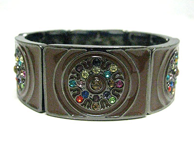 Multi color crystal flower enameled metal stretch bracelet