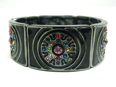 Multi color crystal flower enameled metal stretch bracelet