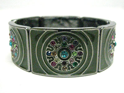 Multi color crystal flower enameled metal stretch bracelet