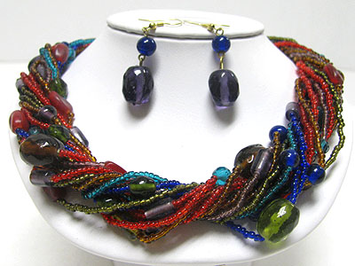 Braided multi strand glass and seed beads necklace earring set