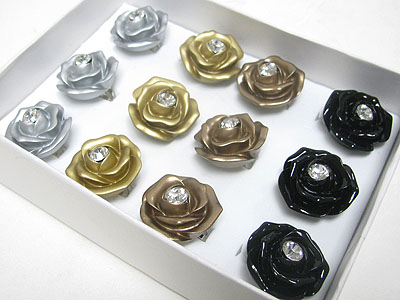 Sell by dozen - mixed metallic color 12 pc flower ring - adjustable size  mens jewelry