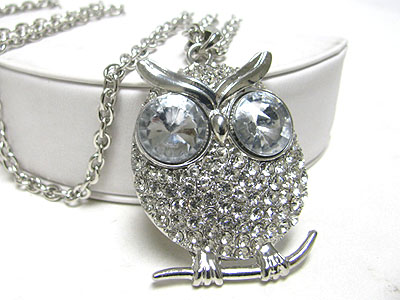 Crystal big eye owl pendant long chain necklace