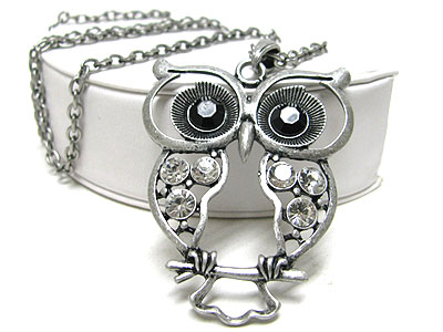 Crystal owl pendant long chain necklace