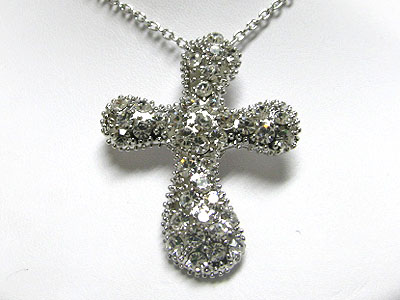 Large crystal round edge cross pendant necklace