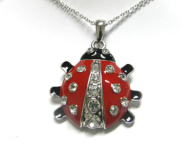 Large epoxy and crystal ladybug pendant necklace