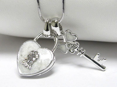 Whitegold palting crystal and epoxy key and heart lock dual pendant necklace -valentine