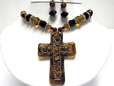 Natural stone art work cross pendant necklace set