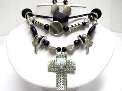 Multi round metal cross and wooden ball necklace set