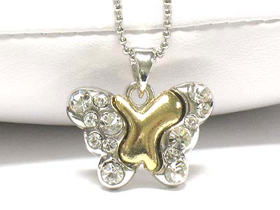 Made in korea whitegold plating crystal two tone butterfly necklace