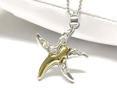 Made in korea whitegold plating crystal two tone starfish necklace