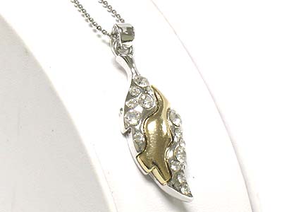 Made in korea whitegold plating crystal two tone leaf necklace