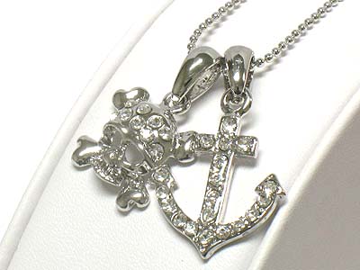 Made in korea whitegold plating crystal piarate theme skull and anchor necklace