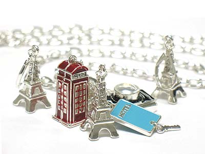 Multi detailed travel theme charms necklace and earring set