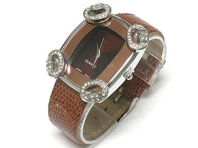 Crystal stud ring each corner deco face and leather band watch 