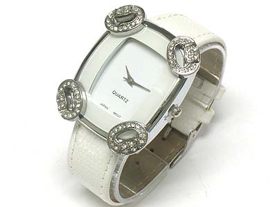 Crystal stud ring each corner deco face and leather band watch