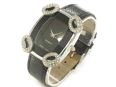 Crystal stud ring each corner deco face and leather band watch