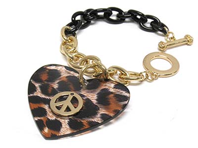 Animal pattern acryl heart charm metal toogle chain bracelet - peace