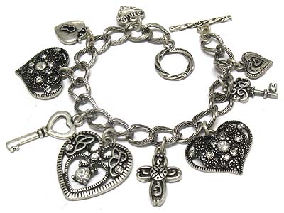 Antique style crystal deco heart and multi charm toggle bracelet