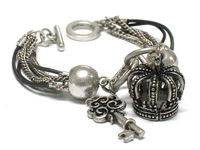 Crown and key charm multi strand chain bracelet