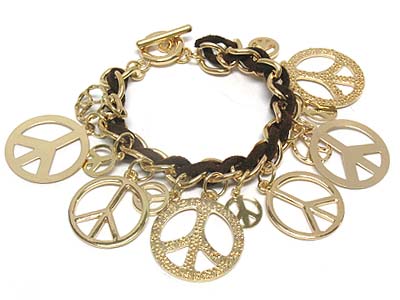 Multi peace symbol charm braided cord and chain toggle bracelet