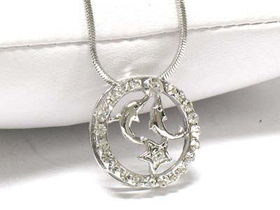 Made in korea whitegold plating crystal round and dolphin necklace