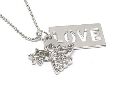 Made in korea whitegold plating crystal angel and metal love layer necklace