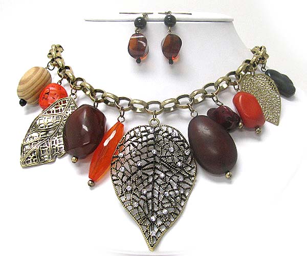 Crystal stud metal leaves and mixed stone and breads dangle necklace earring set