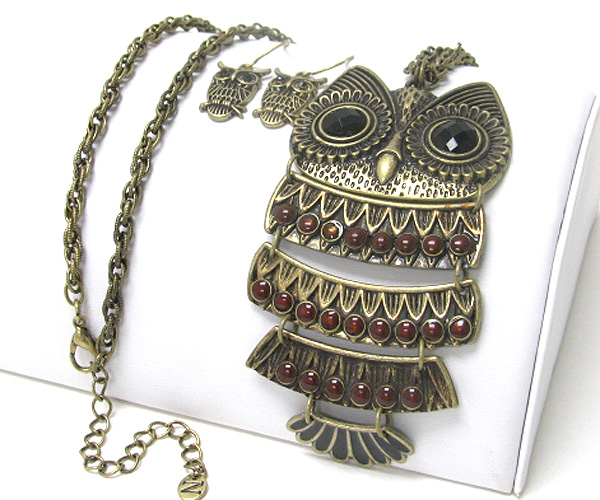 Extra large owl pendant long chain necklace earring set