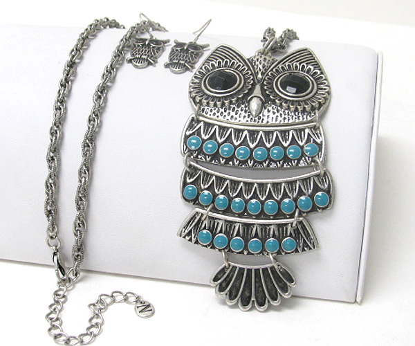 Extra large owl pendant long chain necklace earring set