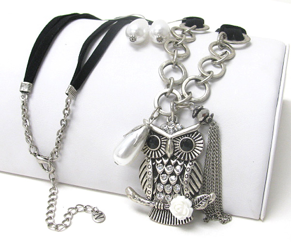 Owl pendant and peal deco long suede necklace earring set