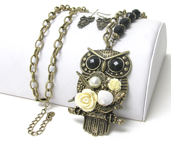 Flower deco owl pendant long chain necklace earring set