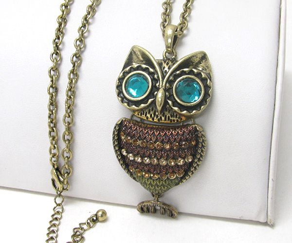 Crystal and paint deco body owl pendant long necklace