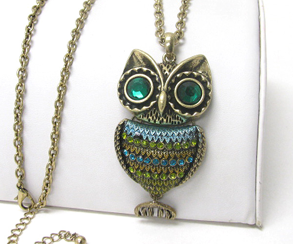 Crystal and paint deco body owl pendant long necklace