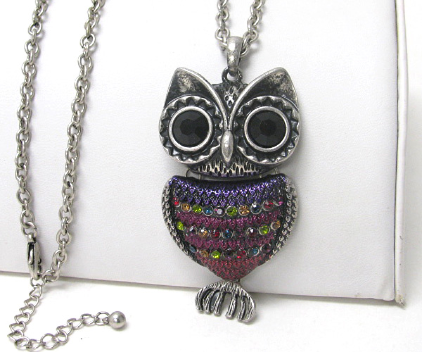 Crystal and paint deco body owl pendant long necklace