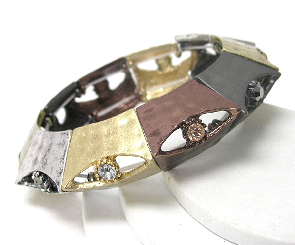 Architectural style crystal and multi metal tone stretch bracelet