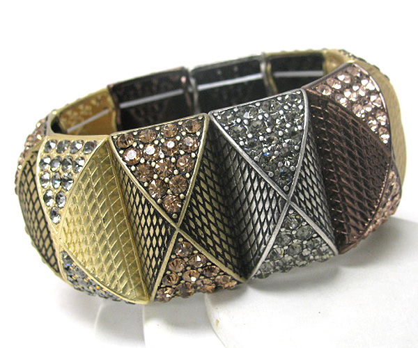 Architectural style crystal and multi metal tone stretch bracelet