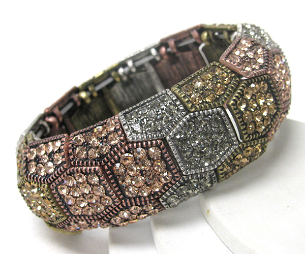 Architectural style crystal and multi metal tone stretch bracelet