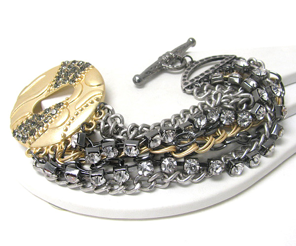 Crystal deco metal disk and rhinestone multi chain bracelet