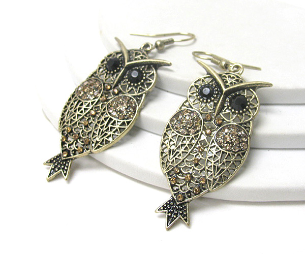 Crystal deco metal filigree owl earring